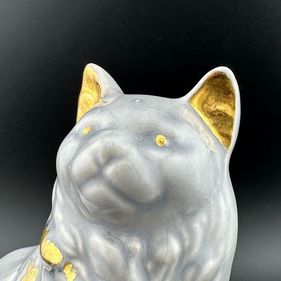 Vintage Porcelain Hand-painted Gold on Gray Sitting Cat Figurine 4.25" H - Picture 10 of 10